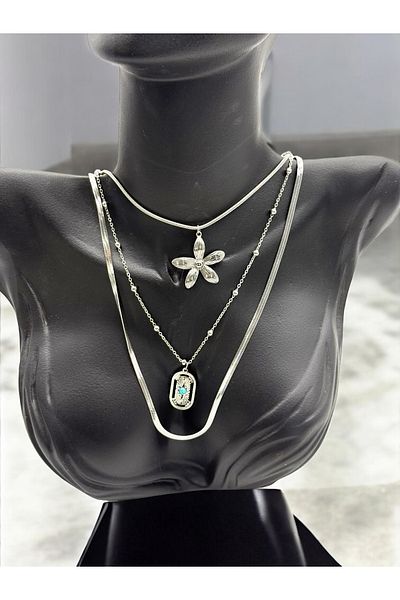Lunays Stainless Steel 3-Piece Asian Model Chain Women's Necklace Silver Color