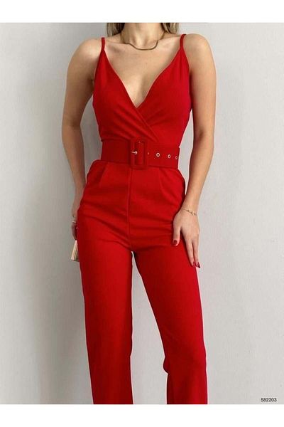 Modafeminen Imported Crepe Fabric Belted Jumpsuit Red 582203