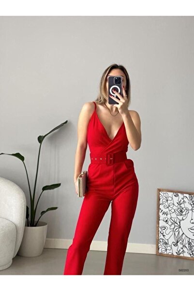 Modafeminen Ithal Krep Kumaş Kemerli Tulum Kırmızı 582203