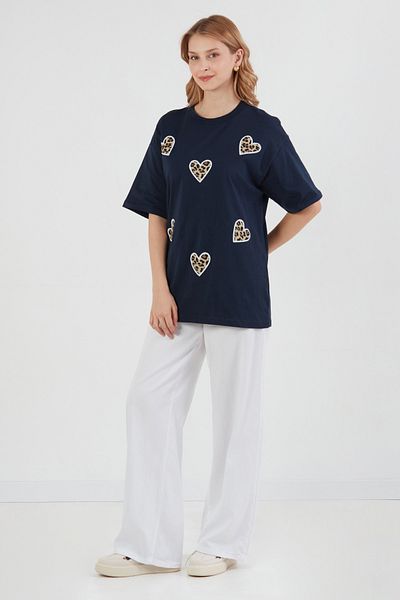 Fulla Moda Leopard and Heart Printed Oversize T-Shirt