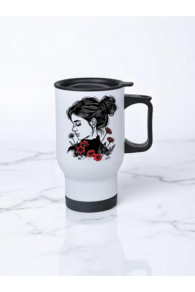 lili hediyelik Floral Women's Printed Steel Cup Thermos with Handle 450 ml