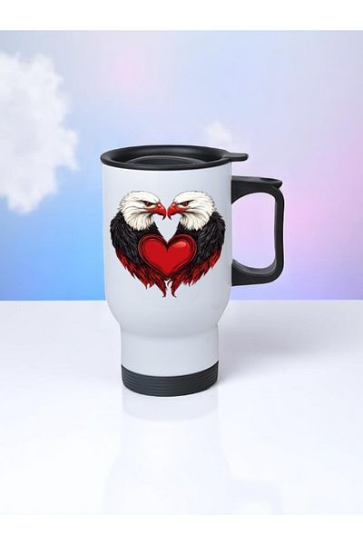 lili hediyelik Heart Eagle Printed Steel Cup Thermos with Handle 450 ml