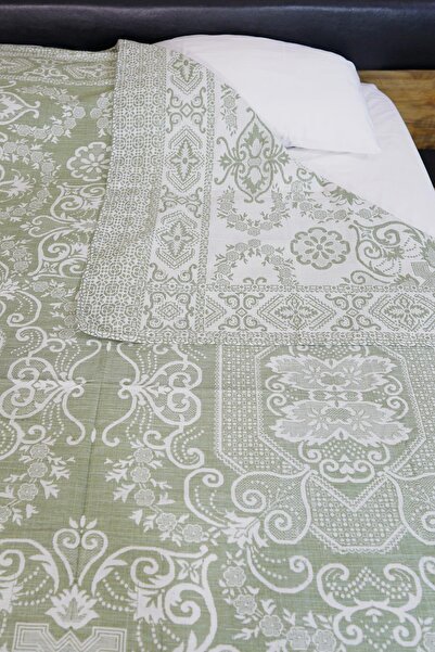 Defne&Apollon İpekçilik 100% Cotton Hand-Woven Floral Patterned Pique 190 X 230 cm - Green