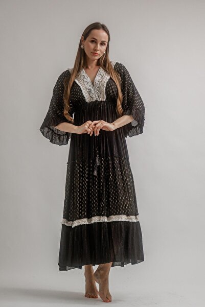 Vals VİSKOZ İŞLEMELİ YALDIZLI UZUN V YAKA ELBİSE