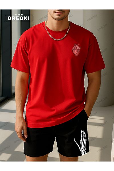 EFFRENATU Life Wish Printed Cotton Fabric Men's Red T-Shirt-Black Shorts Set