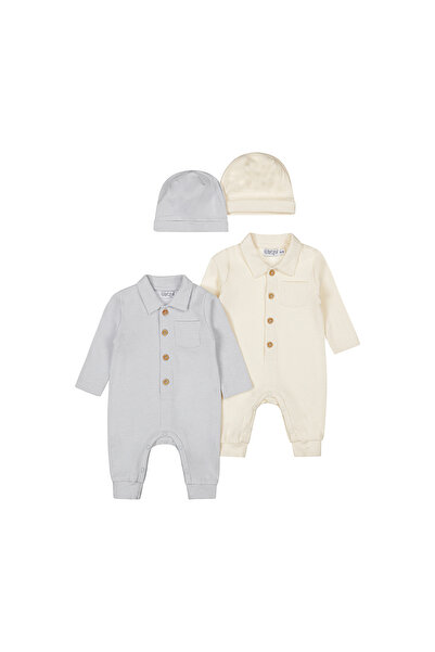 Dirkje حزمتين طقم ولادي قطني من لباس قطعة واحدة وقبعة - أزرق فاتح وكريمي