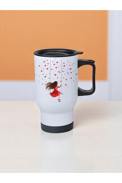 lili hediyelik Girl on a Heart Swing Printed Steel Cup Thermos with Handle 450 ml