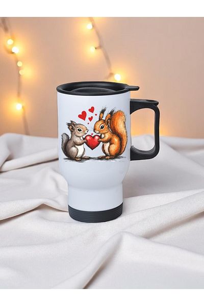 lili hediyelik Heart Squirrel Girl Printed Steel Cup Thermos with Handle 450 ml
