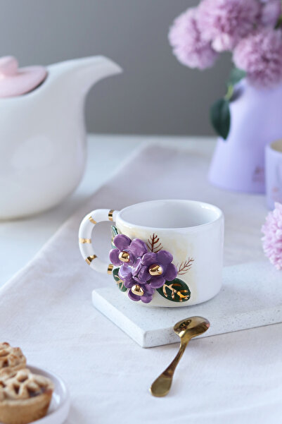 ada mia seramik Handmade Flower Figured 24K Gold Decorated Ceramic Mug 200ml