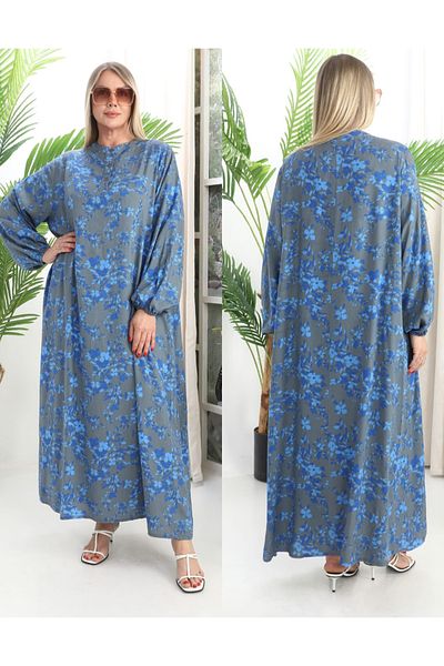 AKŞEN GİYİM Plus Size 100% Cotton Side Pockets Flower Printed Sleeves Elastic Half Button Long Dress