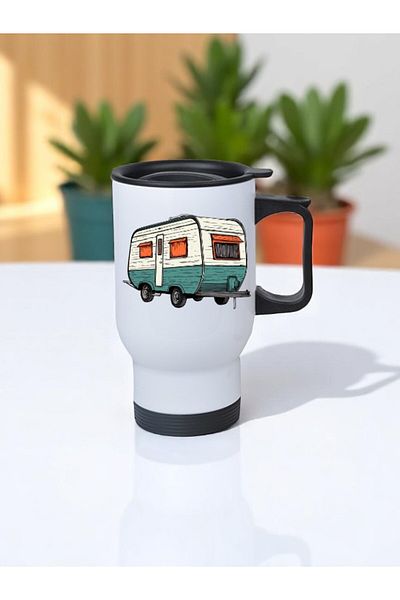 lili hediyelik Caravan Drawing Printed Steel Cup Thermos with Handle 450 ml