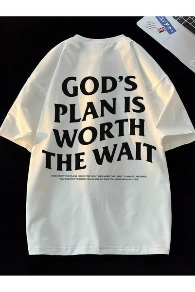 CLASİVA تي شيرت برقبة دائرية كبيرة الحجم مطبوع عليه Plan of God Is Worth The Waıt للجنسين