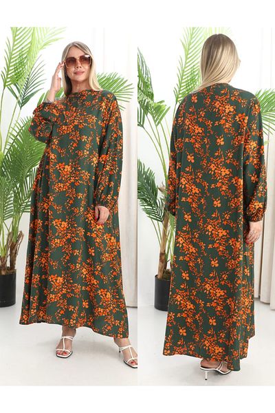 AKŞEN GİYİM Plus Size 100% Cotton Side Pockets Flower Printed Sleeves Elastic Half Button Long Dress