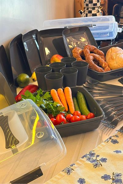 Makri 32 Piece Multi-Purpose Picnic Set – with Storage Container Body |   Includes Plate, Fork, Spoon, Knife and Cup