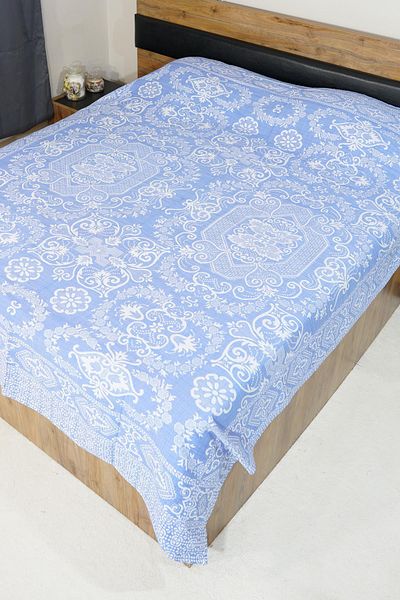 Defne&Apollon İpekçilik 100% Cotton Hand-Woven Floral Patterned Pique 190 X 230 cm - Light Blue