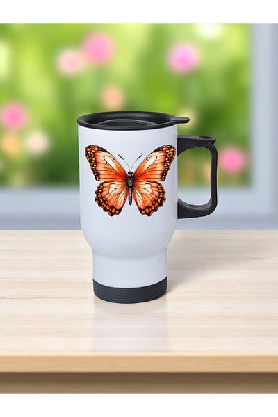lili hediyelik Butterfly Theme Printed Steel Cup Thermos with Handle 450 ml