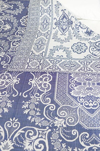 Defne&Apollon İpekçilik 100% Cotton Hand-Woven Floral Patterned Pique 190 X 230 cm - Blue