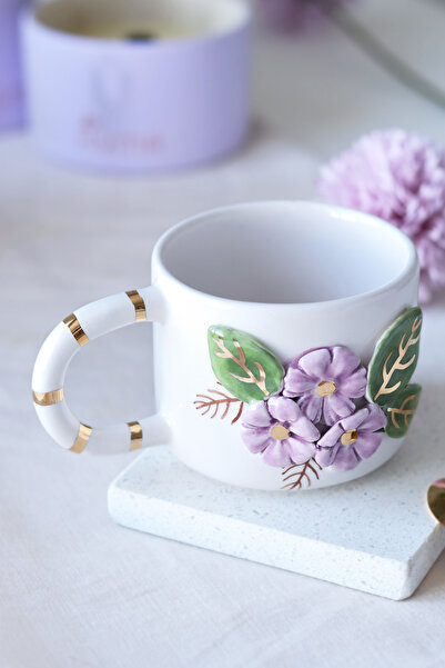 ada mia seramik El Yapımı Çiçek Figürlü 24K Altın Dekorlu Seramik Mug 200ml