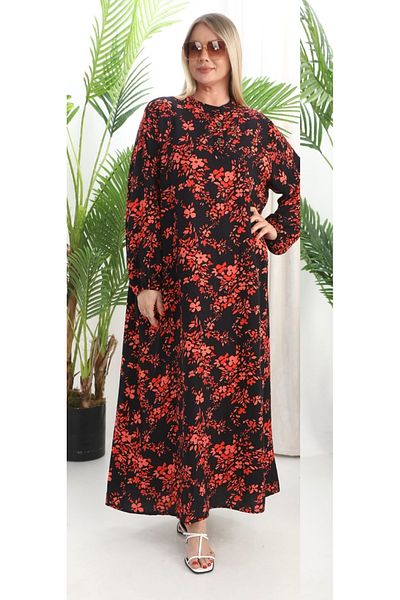 AKŞEN GİYİM Plus Size 100% Cotton Side Pockets Flower Printed Sleeves Elastic Half Button Long Dress