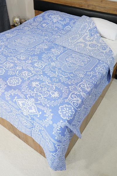Defne&Apollon İpekçilik 100% Cotton Hand-Woven Floral Patterned Pique 190 X 230 cm - Light Blue