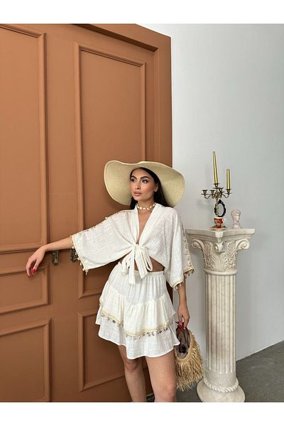 369 etnik butik Γυναικείο Σετ 2 τεμαχίων με δεμένο κιμονό και σορτς μποέμ
