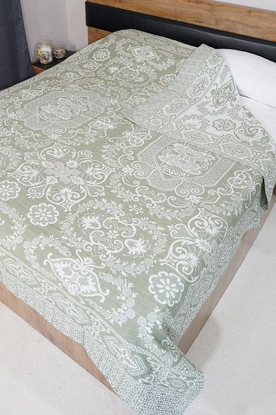 Defne&Apollon İpekçilik 100% Cotton Hand-Woven Floral Patterned Pique 190 X 230 cm - Green
