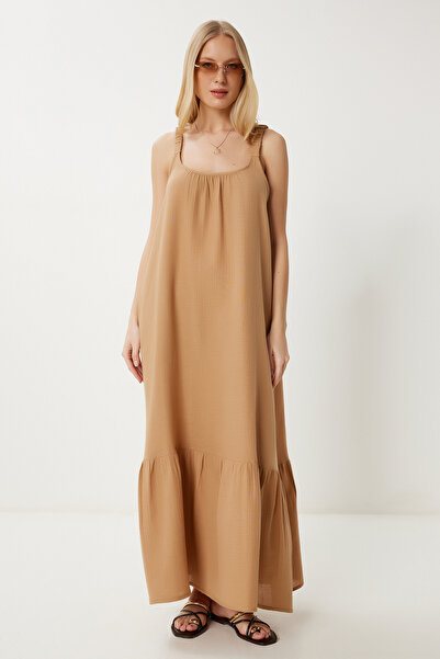 Lovelyİstanbul Askılı Volanlı Yazlık Müslin Elbise CAMEL LFZ0002