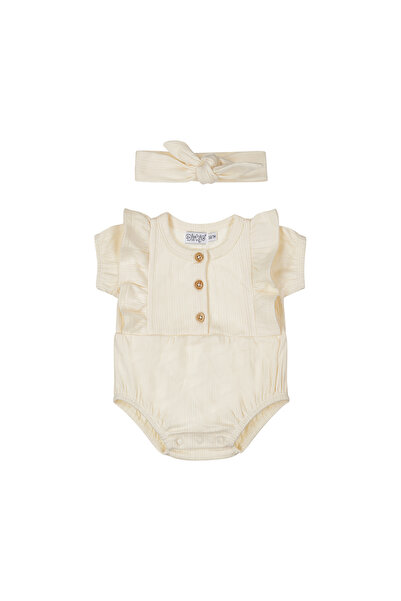 Dirkje طقم بناتي قطني رومبر بكشكشة مع ربطة رأس - كريمي