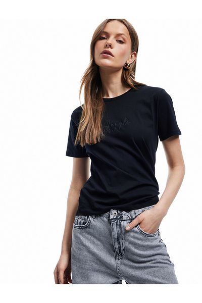 Koton Tricou de bază pentru femei, din bumbac, cu mânecă scurtă, cu decolteu, sezon nou