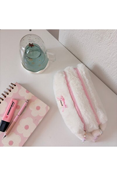 PİNKUE Double Pink Softy Kalemlik/ İki fermuarlı/ Çift bölmeli/ Makyaj Çantası/ Beyaz peluş/ Tüylü