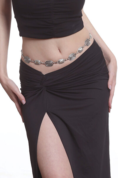 LABALABA Kadın Antik Gümüş Kaplama Geometrik Formlu Ayarlanabilir Bel Zinciri, Bel Kolyesi