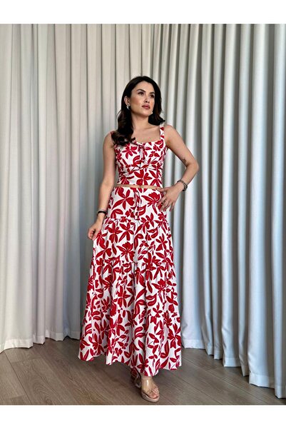 Moda Banuş Red Dress Look Bottom Top Skirt 2 Piece Set