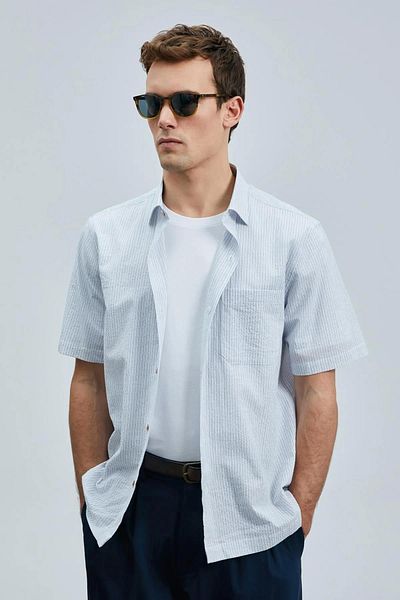 Lufian Ανδρικό βαμβακερό πουκάμισο Kamer Regular Fit Navy Blue ριγέ 111010642