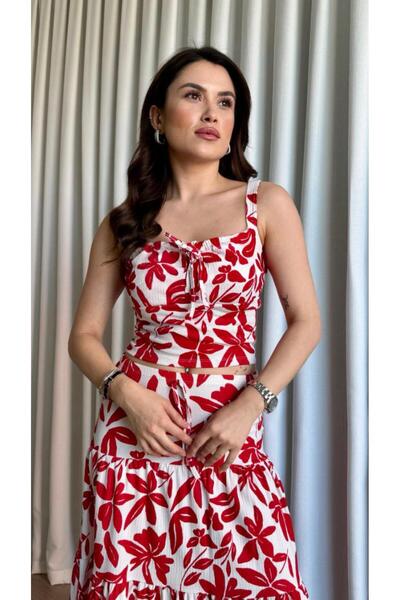Moda Banuş Red Dress Look Bottom Top Skirt 2 Piece Set