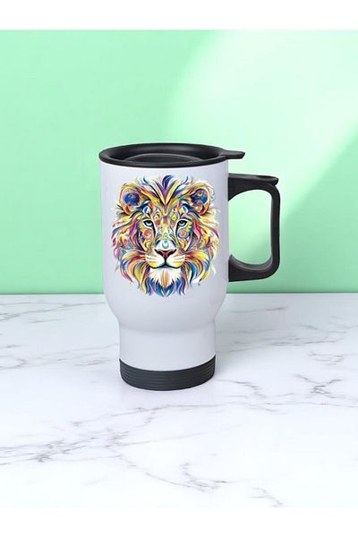 lili hediyelik Colorful Lion Printed Steel Cup Thermos with Handle 450 ml