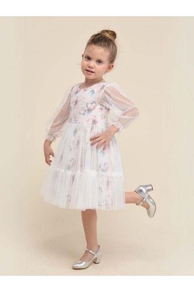 Zekids Girls' Sleeves Polka Dot Tulle Detailed Floral Patterned Evening Dress