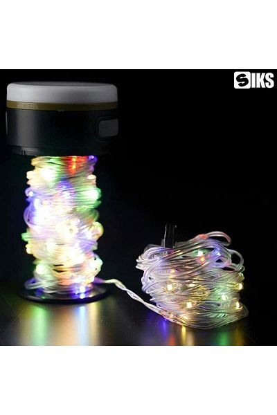 SIKS Șir de lumini de camping, cu lanternă și funcție de baterie externă, 15 m, 4 moduri de iluminare