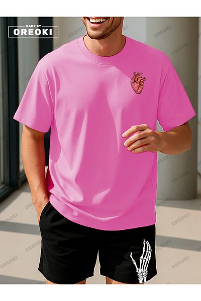 EFFRENATU Life Wish Printed Cotton Fabric Men's Pink T-Shirt-Black Shorts Set
