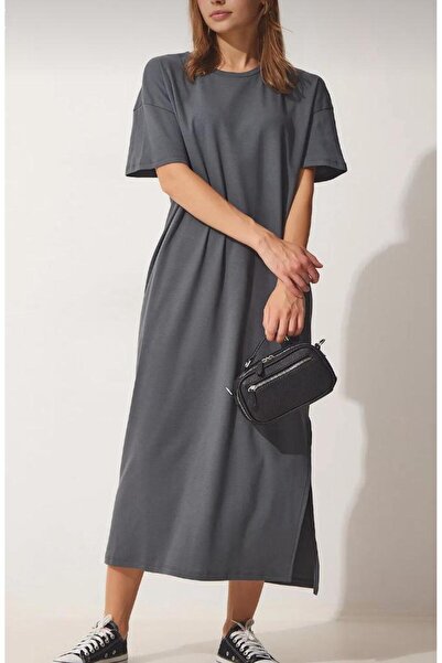 Pupa Women's Anthracite Short Sleeve Side Slit Midi Length Combed Cotton Dress