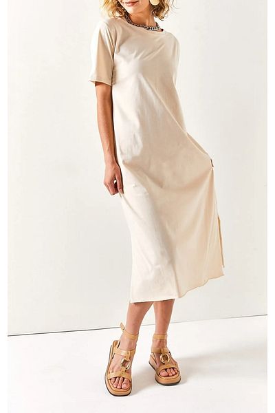 Pupa Women's Stone Color Short Sleeve Side Slit Midi Length Combed Cotton Dress