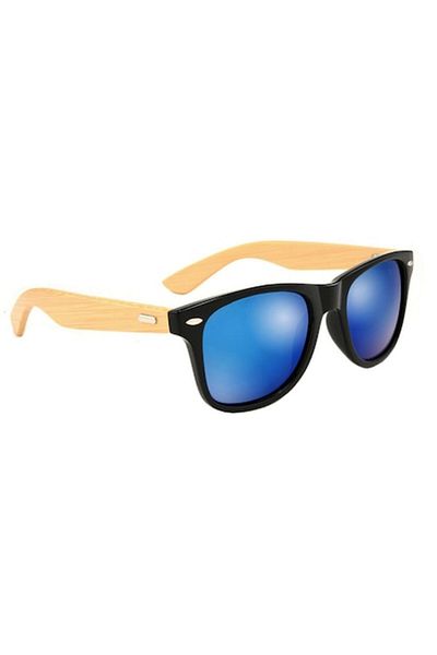 Tessero - Wayfarer Classic Sunglasses, Bamboo Wood Model, UV400 Protection, Unisex, Blue Lenses, Bla