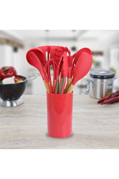SIKS Set of 12 SIKS Food Grade Silicone Utensils, SPA12, With Wooden Handle, Red