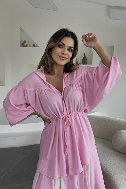 Eswomes Beli İpli Uzun Keten Gömlek Pembe