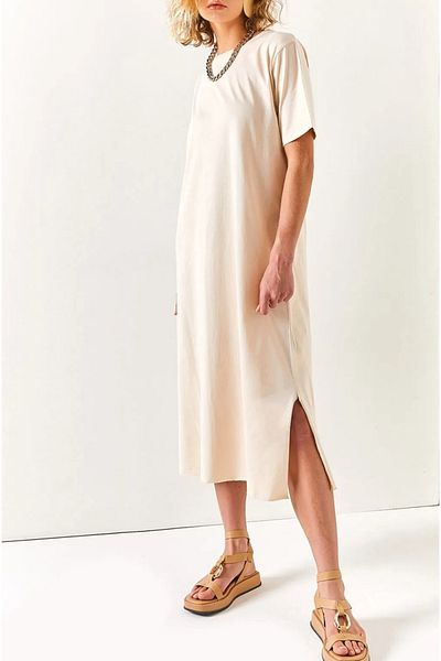 Pupa Women's Stone Color Short Sleeve Side Slit Midi Length Combed Cotton Dress