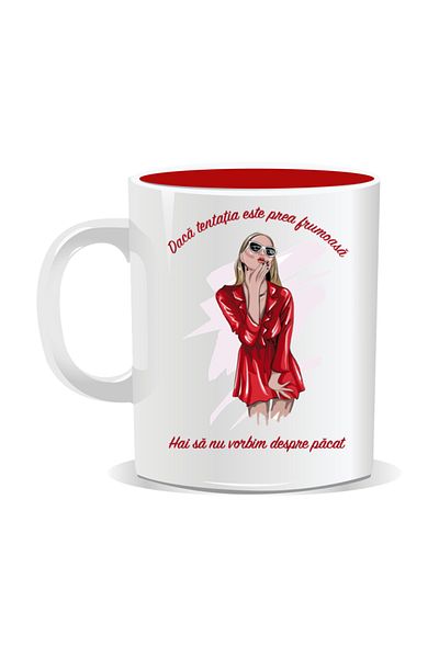 OEM Personalized mug with funny message, If temptation is too beautiful - Red interior