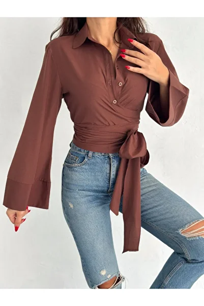 Butik Diamond Women's 100% Cotton Woven Brown Double Breasted Shirt