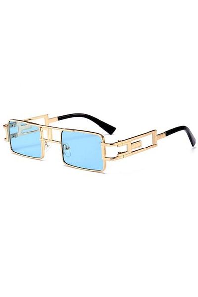 Tessero - Unisex Sunglasses, Square Model, Metal Frame, UV400, Blue Lens, Gold
