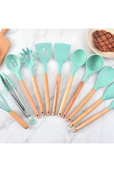 SIKS Set of 12 SIKS Food Grade Silicone Utensils, SPA12, With Wooden Handle, Turquoise