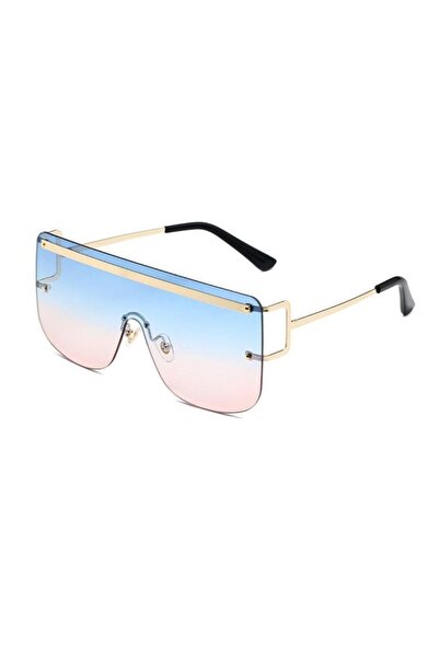 Tessero - Unisex sunglasses, blue and pink tinted lens, metal oversized frames, UV400, gold