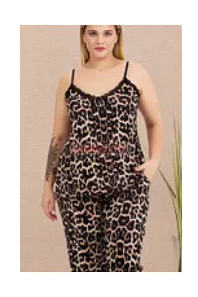Lady Black Color and Leopard Print 11026 Strap Sleeve Women's Plus Size Pajama Set